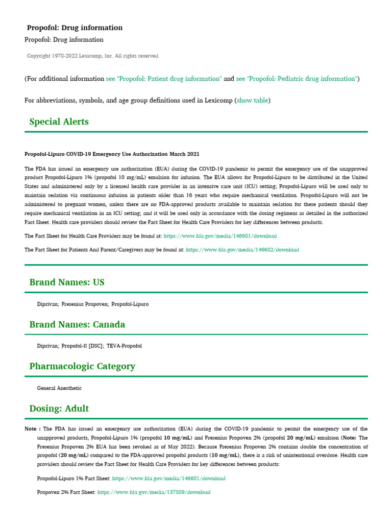 Propofol Drug Information Overview | PDF | Allergy | Medical Specialties