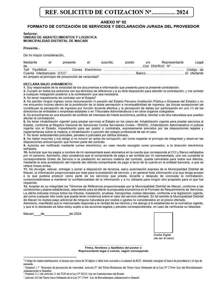 Formato de Cotización y Declaración Jurada | PDF