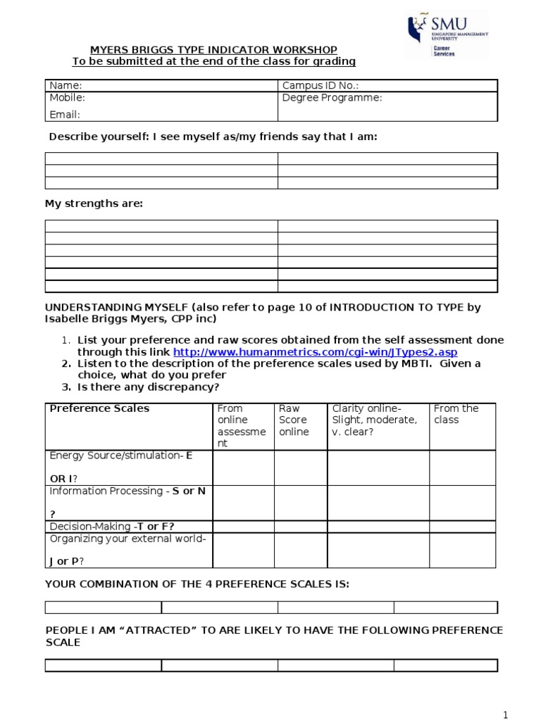 Myers Briggs Type Indicator Worksheet | Extraversion And Introversion