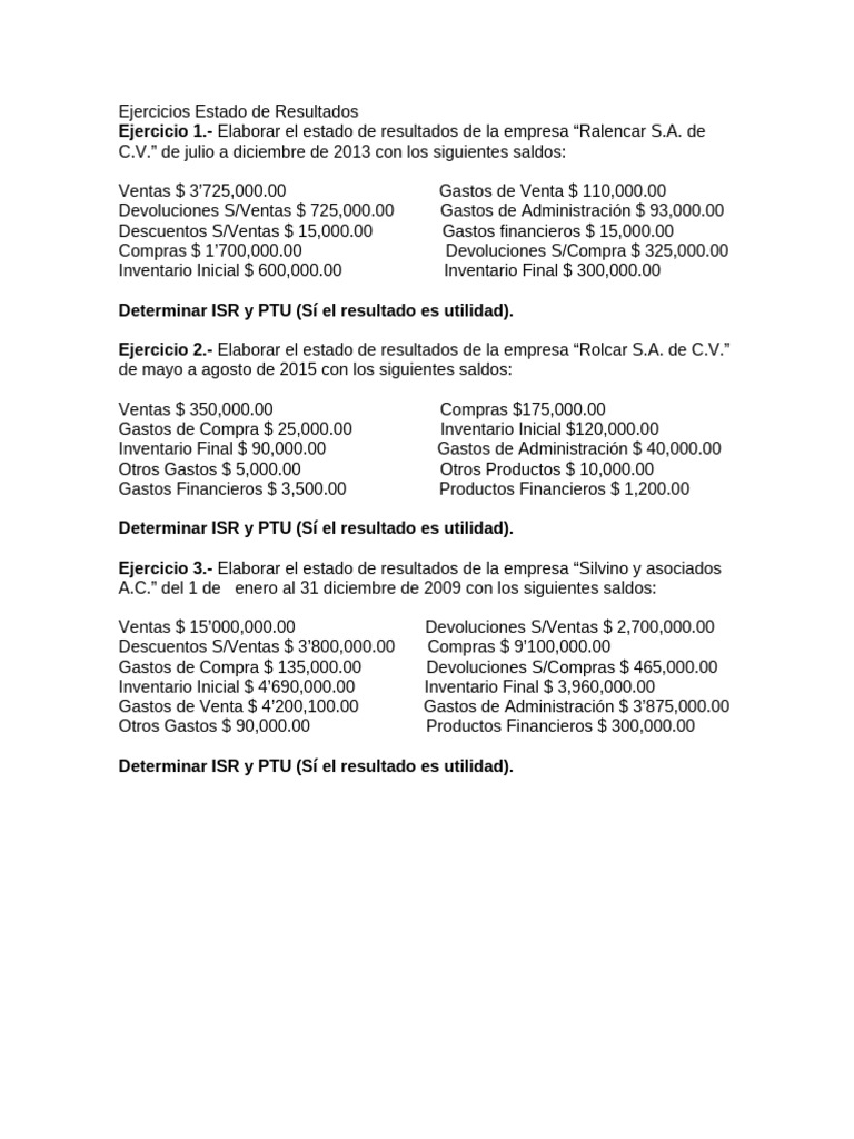 Ejercicios Prácticos de Estado de Resultados | PDF
