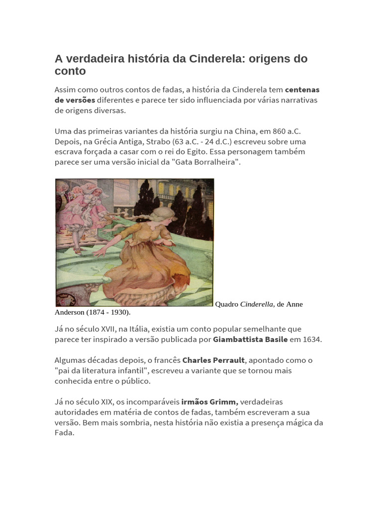 Origens da verdadeira história da Cinderela | PDF | Cinderela | Contos ...