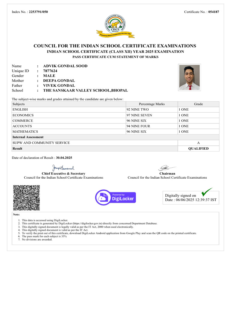 ISC Class XII 2025 Pass Certificate | PDF