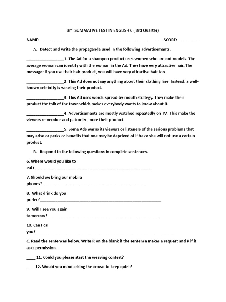 3rd Quarter English 6 Summative Test | PDF