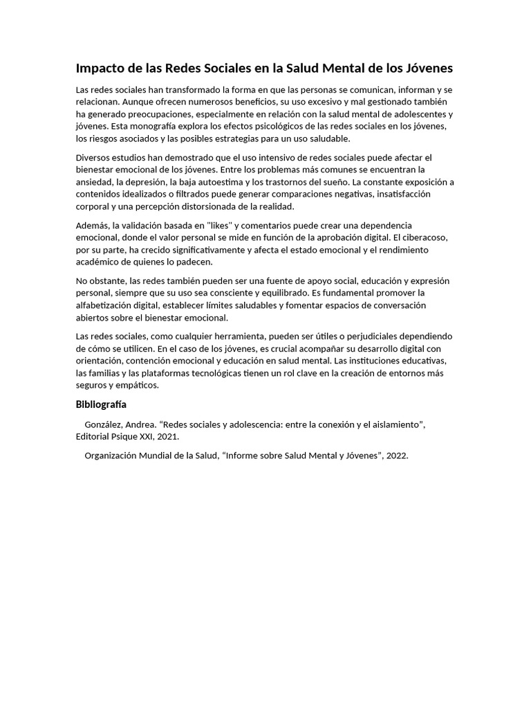 Impacto de Las Redes Sociales en La Salud Mental de Los Jóvenes | PDF