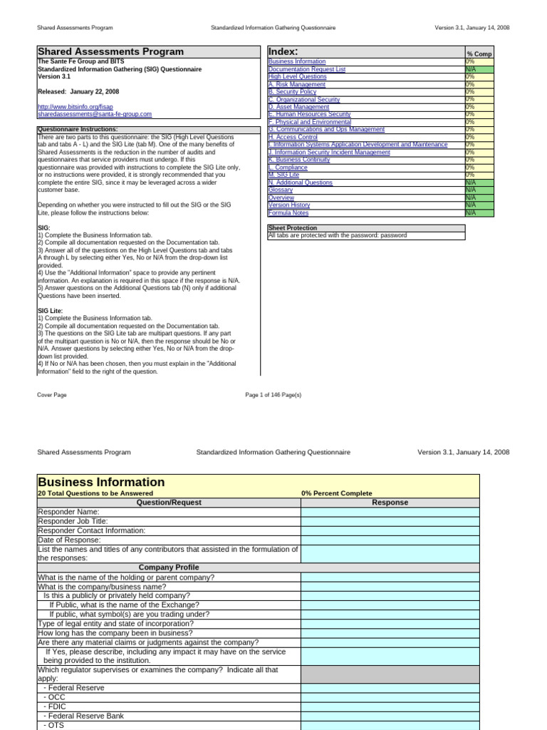 Shared Assessments SIG Questionnaire 3.1 | PDF | Computer Security ...