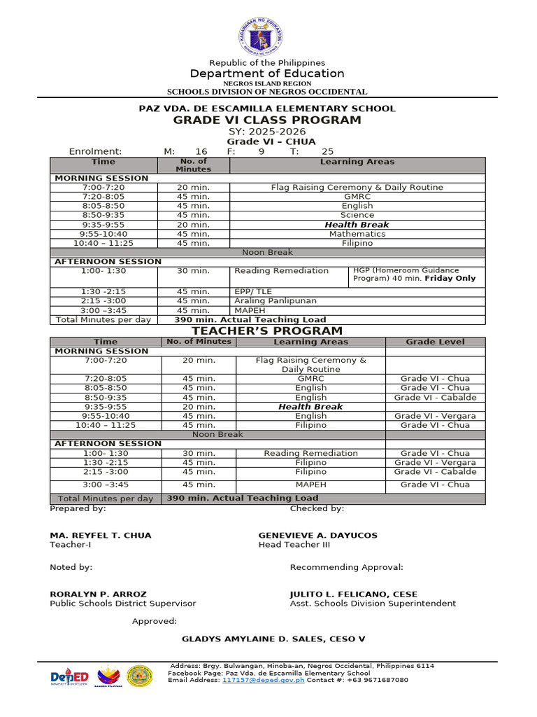 Corrected Class Program 2025 Grade 3 6 | PDF | Philippines | Public ...