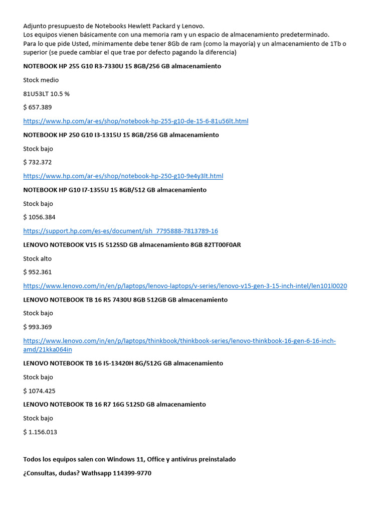 Presupuesto Notebooks HP y Lenovo 2023 | PDF