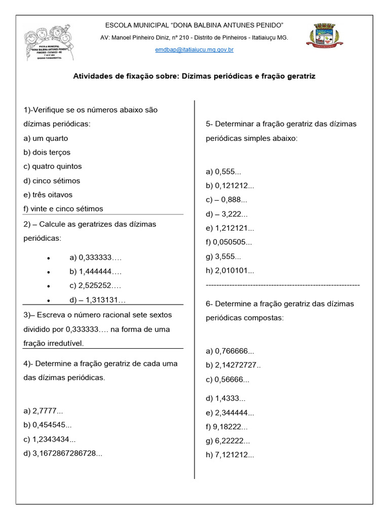 Atividades sobre Dízimas e Frações Geratrizes | PDF