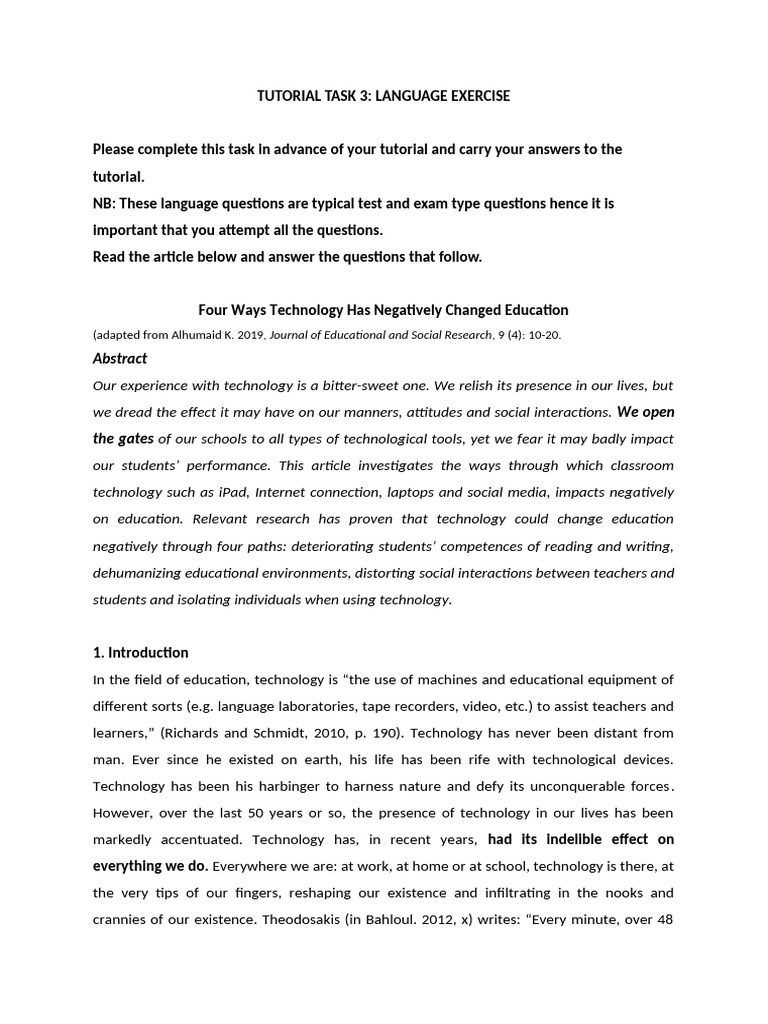 Week 4 Tutorial Task 3 Language Exercise 2 | PDF | Educational ...