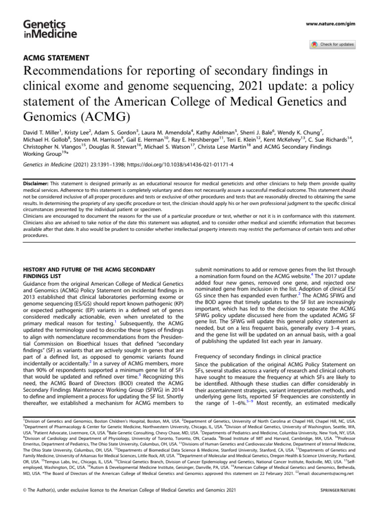 Recommendations For Reporting of Secondary Findings in | PDF | Medical ...