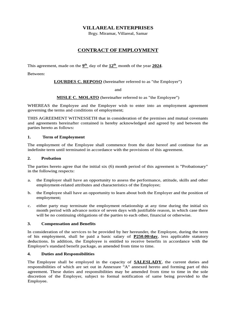Employment Contract - Sample | PDF | Employment | Labor