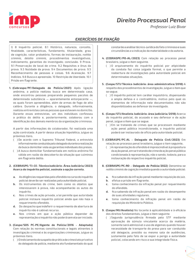 Exercícios sobre Inquérito Policial e Provas | PDF | Prova (jurídico ...