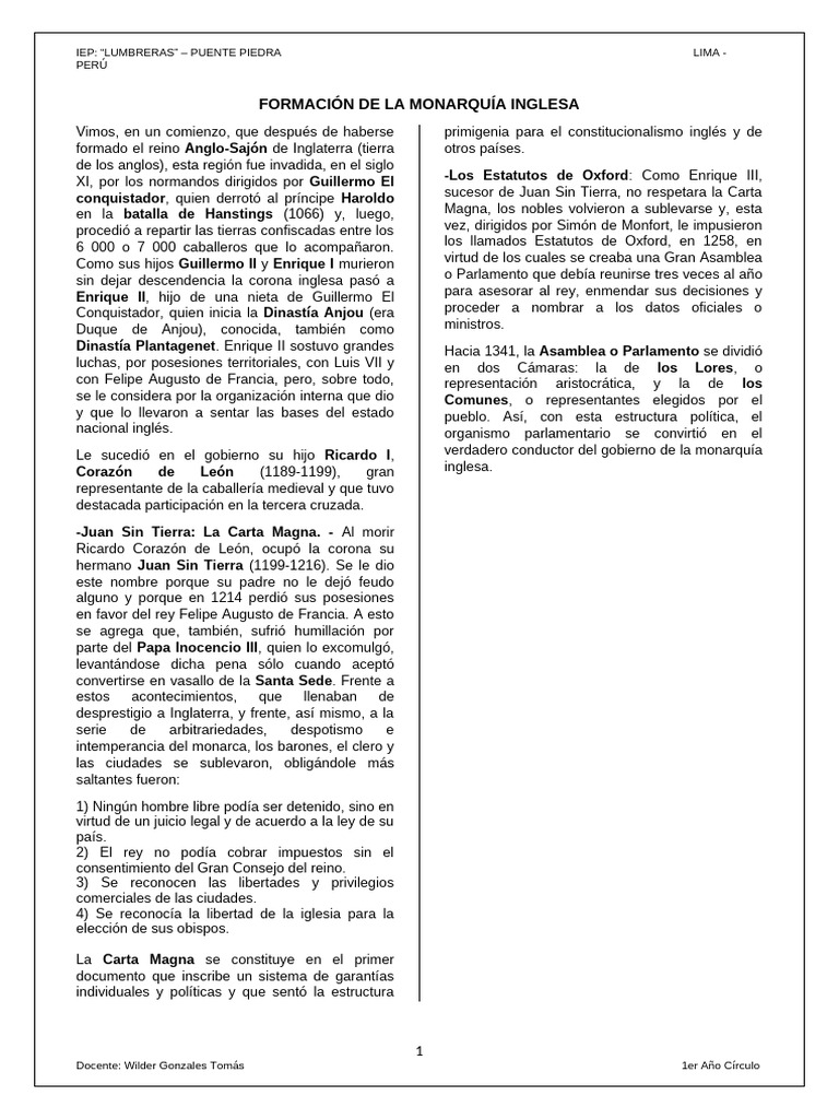 Formación de la Monarquía Inglesa | PDF | Carta Magna | Reino de inglaterra