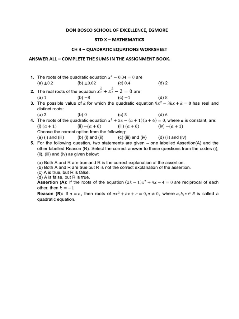 CH 4 - Quadratic Equations - Worksheet | PDF
