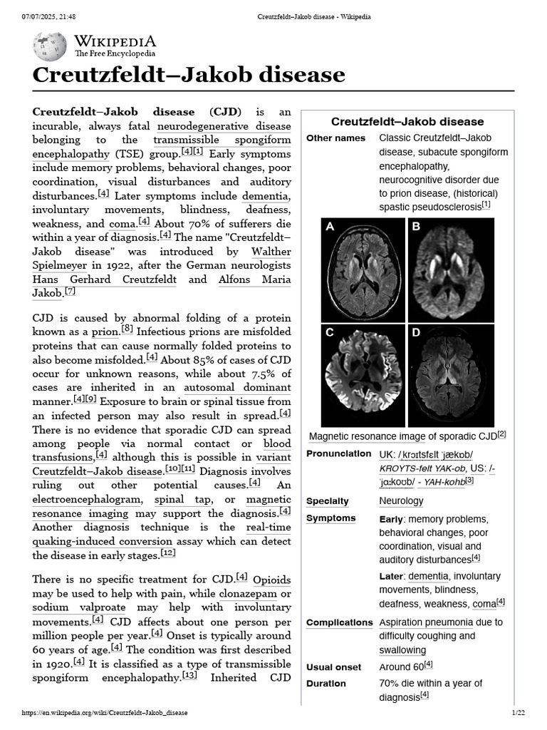 Overview of Creutzfeldt–Jakob Disease | PDF | Diseases And Disorders ...
