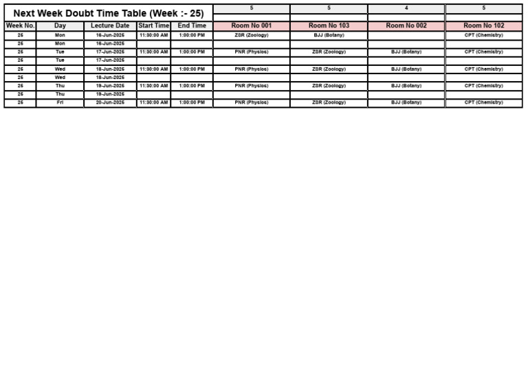 Doubt Time Table For Next Week | PDF