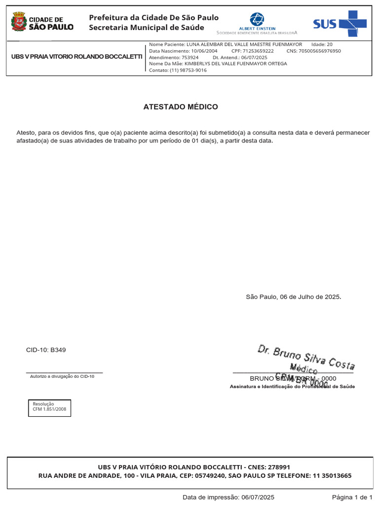 Atestado Médico - CID-10 B349 | PDF