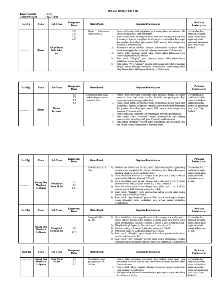 Jurnal Harian Kelas 2 PAI Semester 2 | PDF