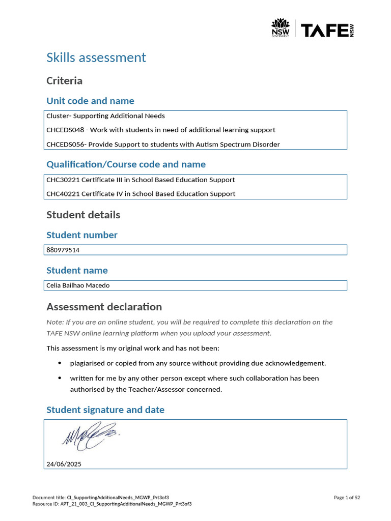 Skills Assessment for Additional Needs Support | PDF | Learning | Teachers