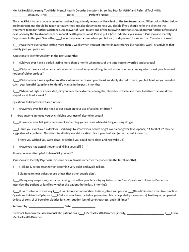 Mental Health Screening Tool for PLHIV | PDF | Anxiety | Psychology