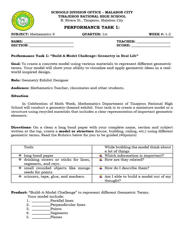 Geometry Model Performance Task Guide | PDF | Geometry | Mathematics