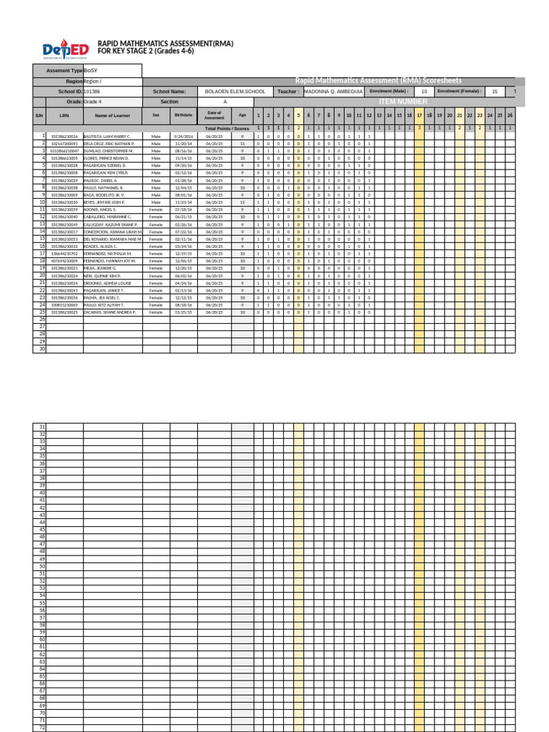 RMA Grade 4 Assessment Results | PDF | Cognition