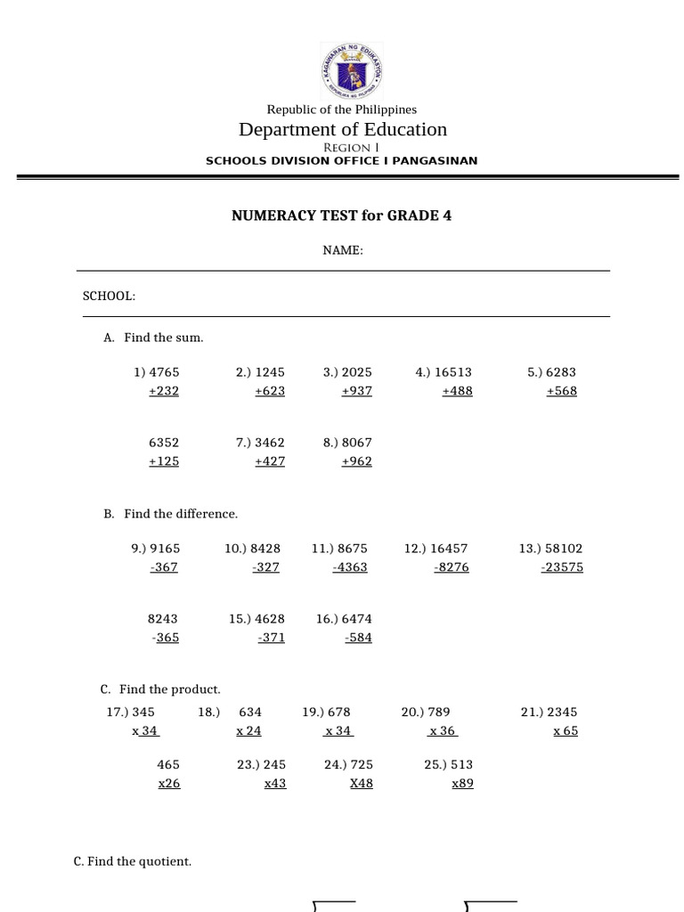 Grade 4 Numeracy Test Philippines | PDF