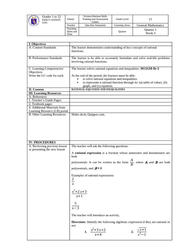 Grade 11 Rational Functions Lesson Plan | PDF | Equations | Rational Number