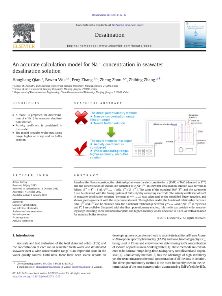 Na+ Concentration Model in Desalination | PDF | Chloride | Ion