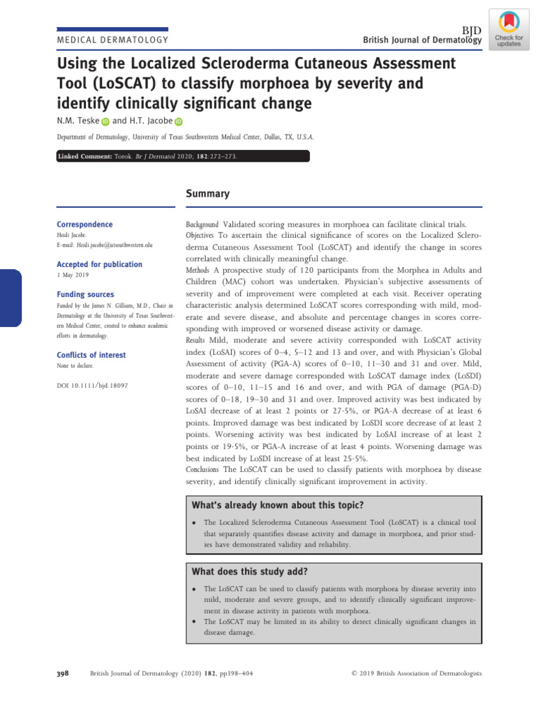 LoSCAT Scores for Morphoea Severity | PDF | Sensitivity And Specificity ...