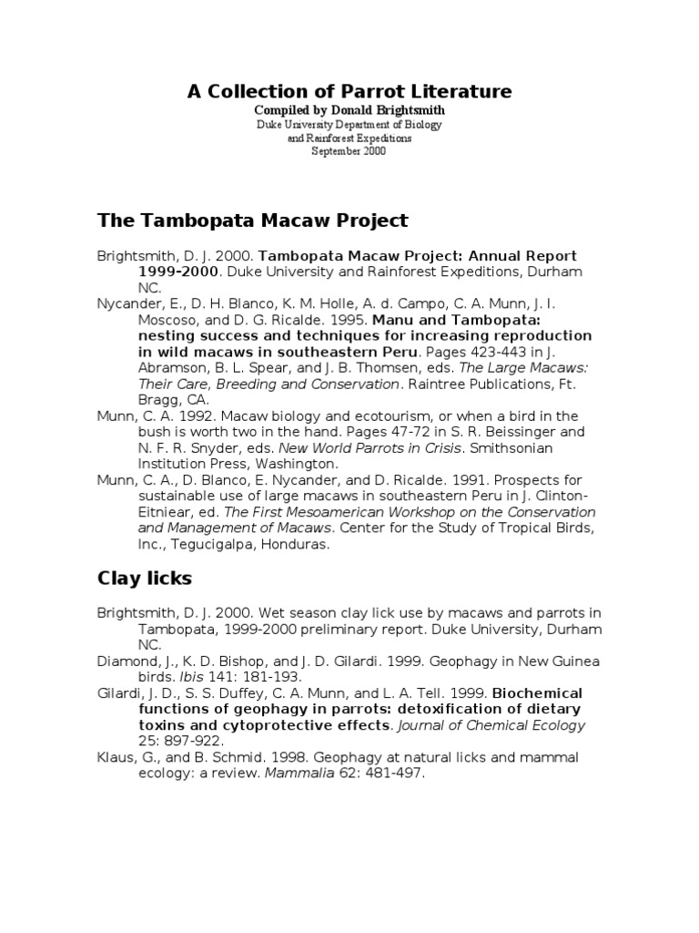 Parrot Literature Compiled by Brightsmith | PDF | Birds | Parrot