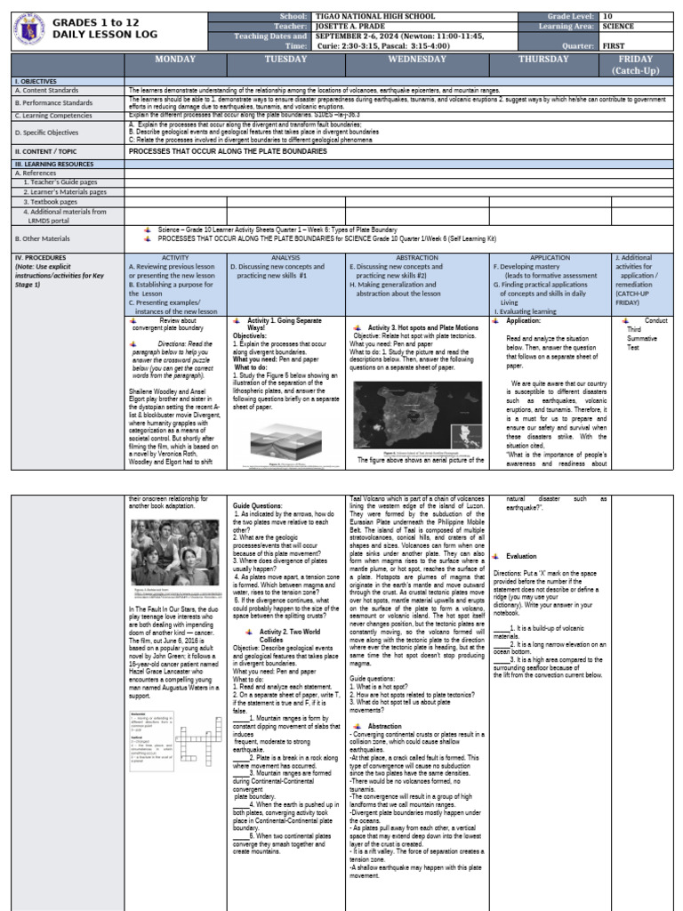 Grade 10 Science Daily Lesson Log | PDF | Plate Tectonics | Volcano