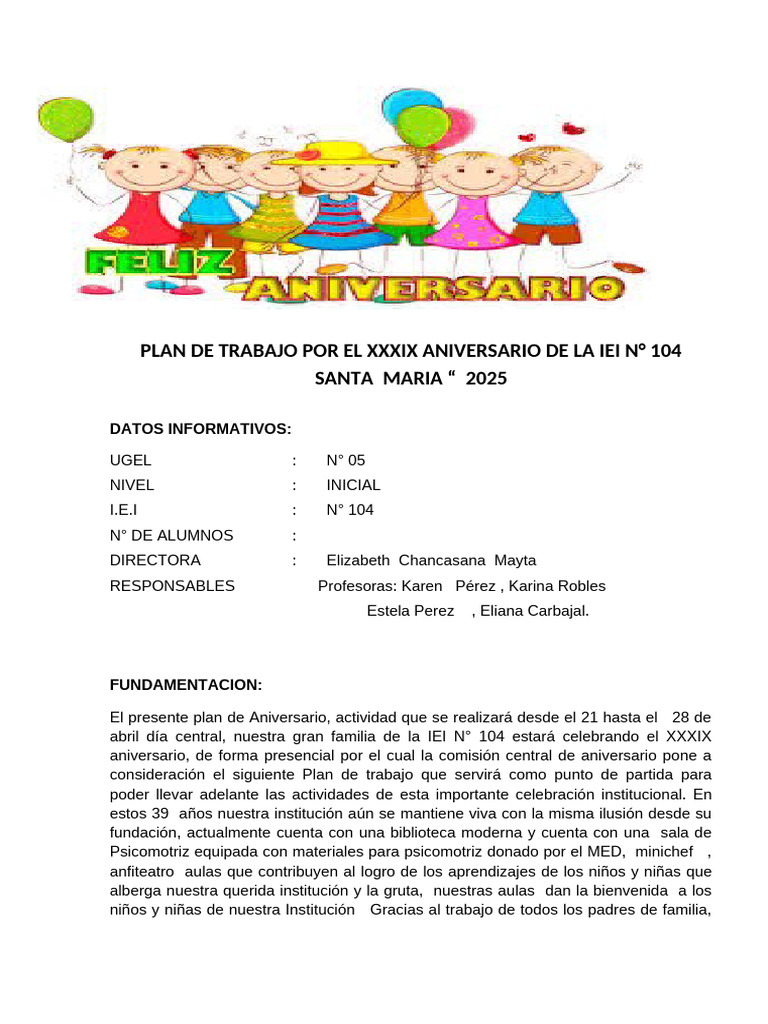 Plan de Aniversario IEI N° 104 2025 | PDF | Aprendizaje