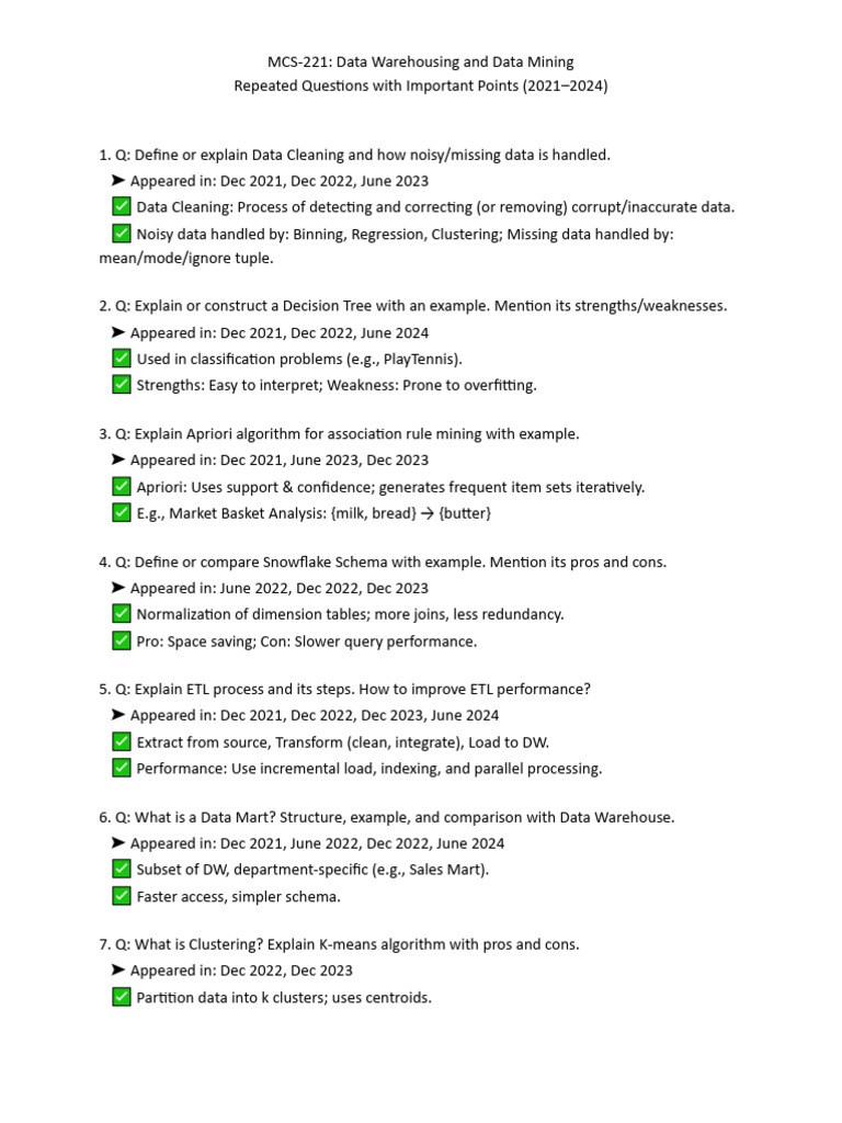MCS-221 Repeated Questions | PDF | Data Warehouse | Algorithms