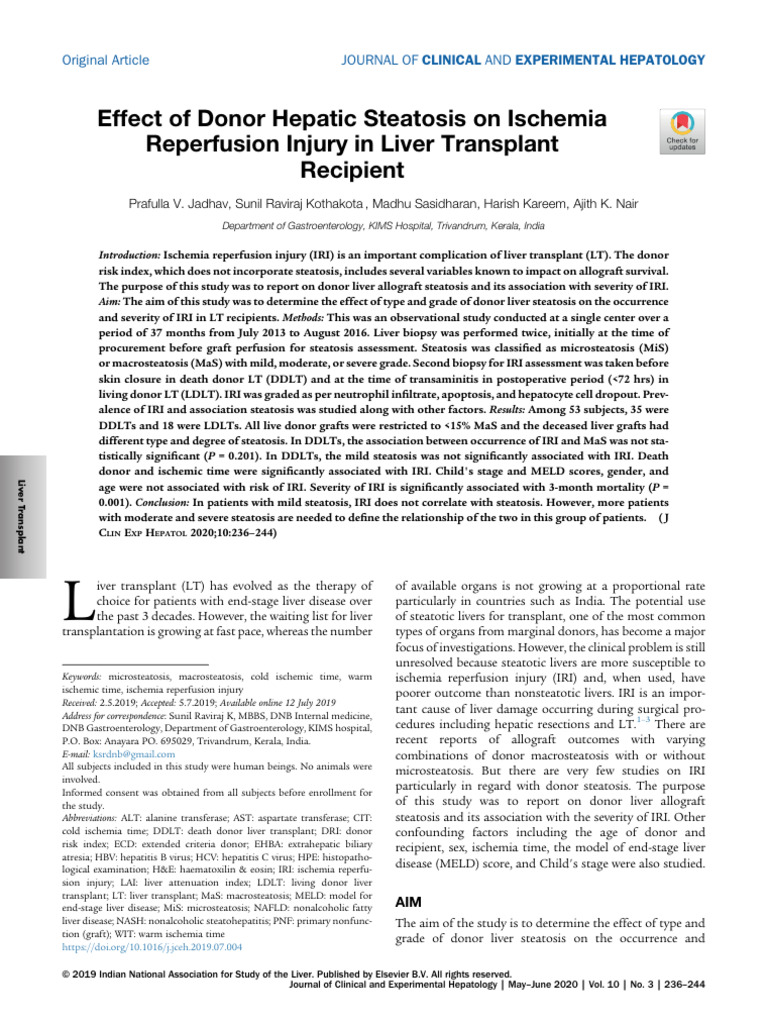 Effect of Donor Hepatic Steatosis On Ischemia Reperfusion Injury in ...