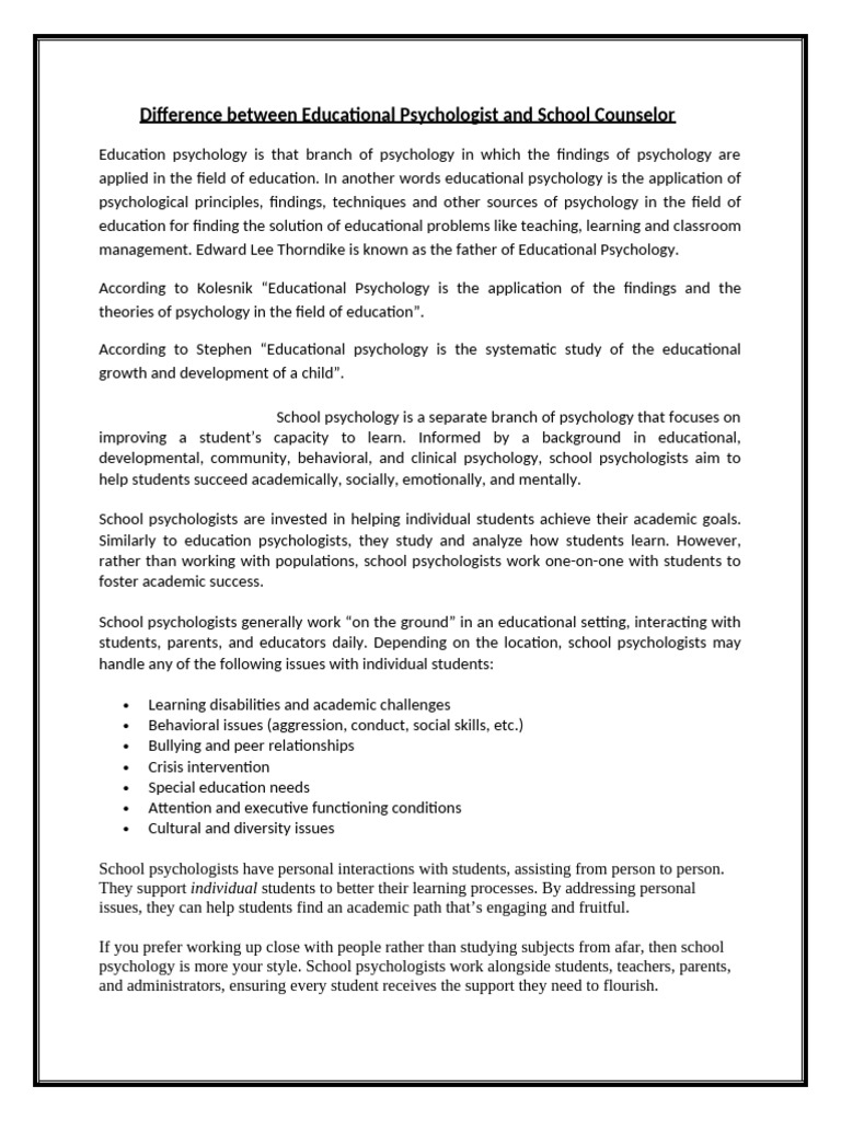 Difference Between Educational Psychologist and School Counselor | PDF ...