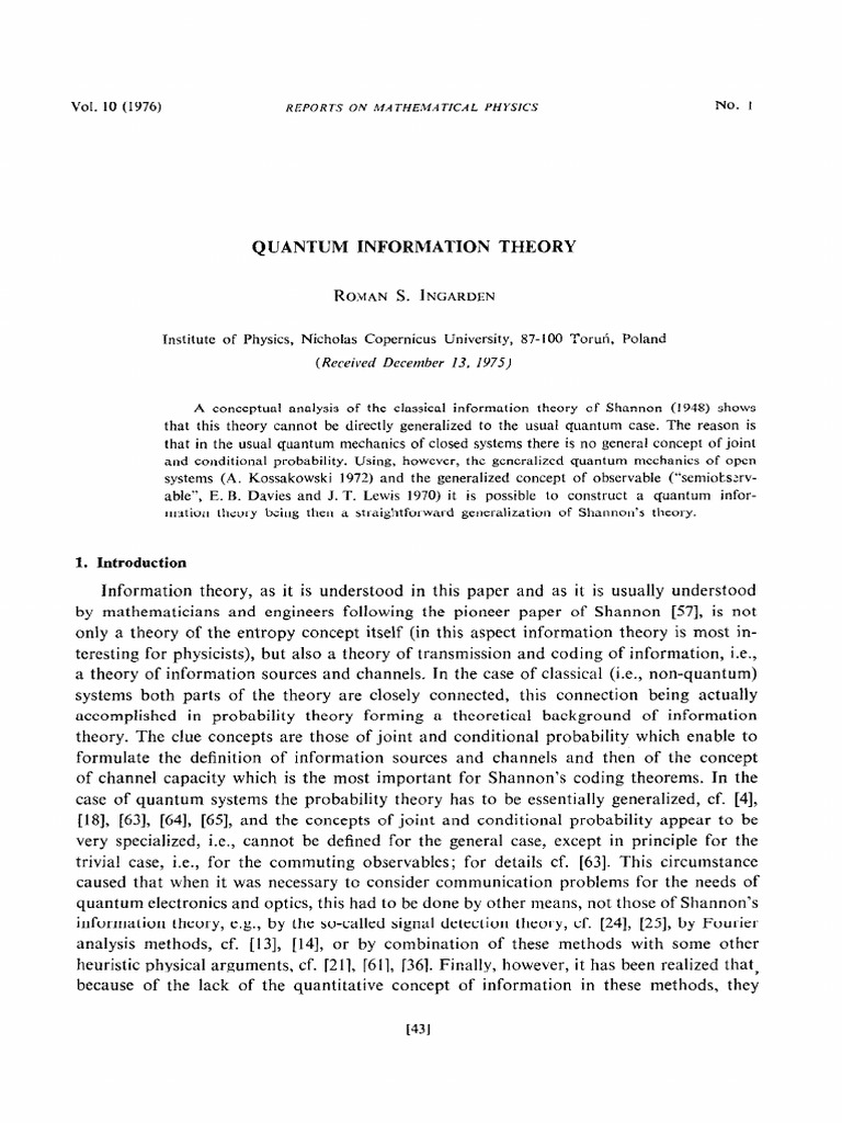 Introduction of Quantum Information Theory 1976 | PDF | Light ...