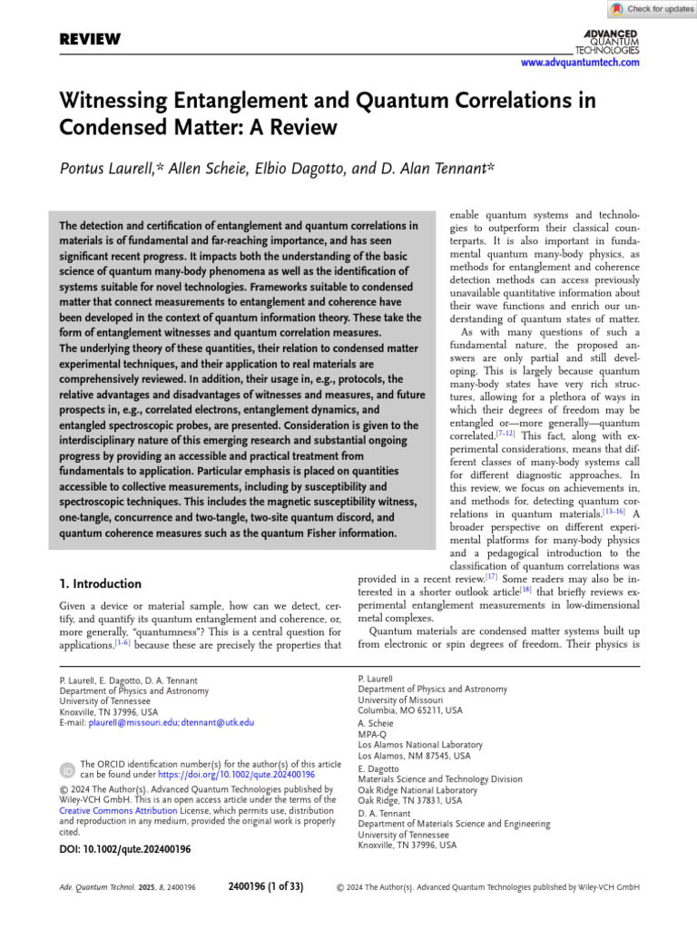Quantum Entanglement in Condensed Matter | PDF | Quantum Entanglement ...