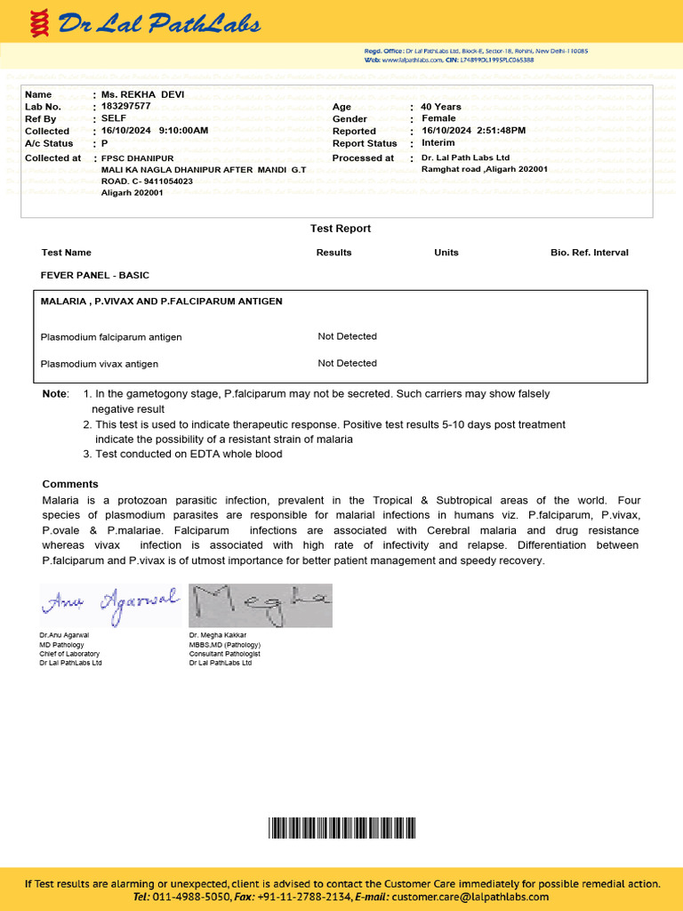 Malaria Test Report for Ms. Rekha Devi | PDF | Malaria | Plasmodium ...