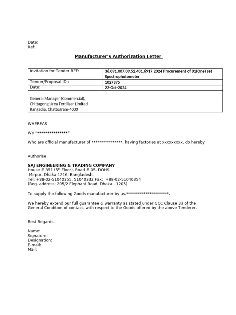 Manufacturer's Authorization Letter | PDF