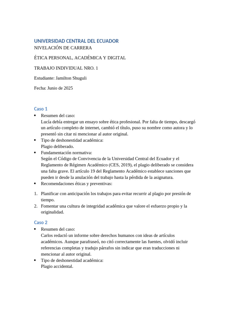 Trabajo Etica Jamilton Shuguli | PDF | Plagio | Deshonestidad academica