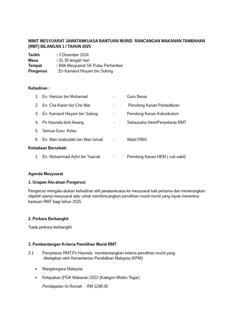 Minit Mesyuarat JK Bantuan Sekolah RMT 2025 | PDF