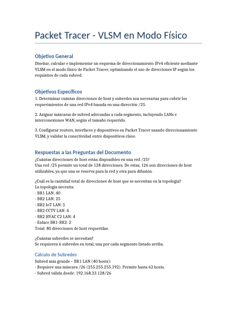 VLSM en Packet Tracer: Guía Práctica | PDF | Dirección IP | Red de ...