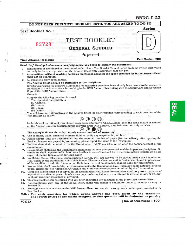 General Studies Test Booklet Instructions | PDF
