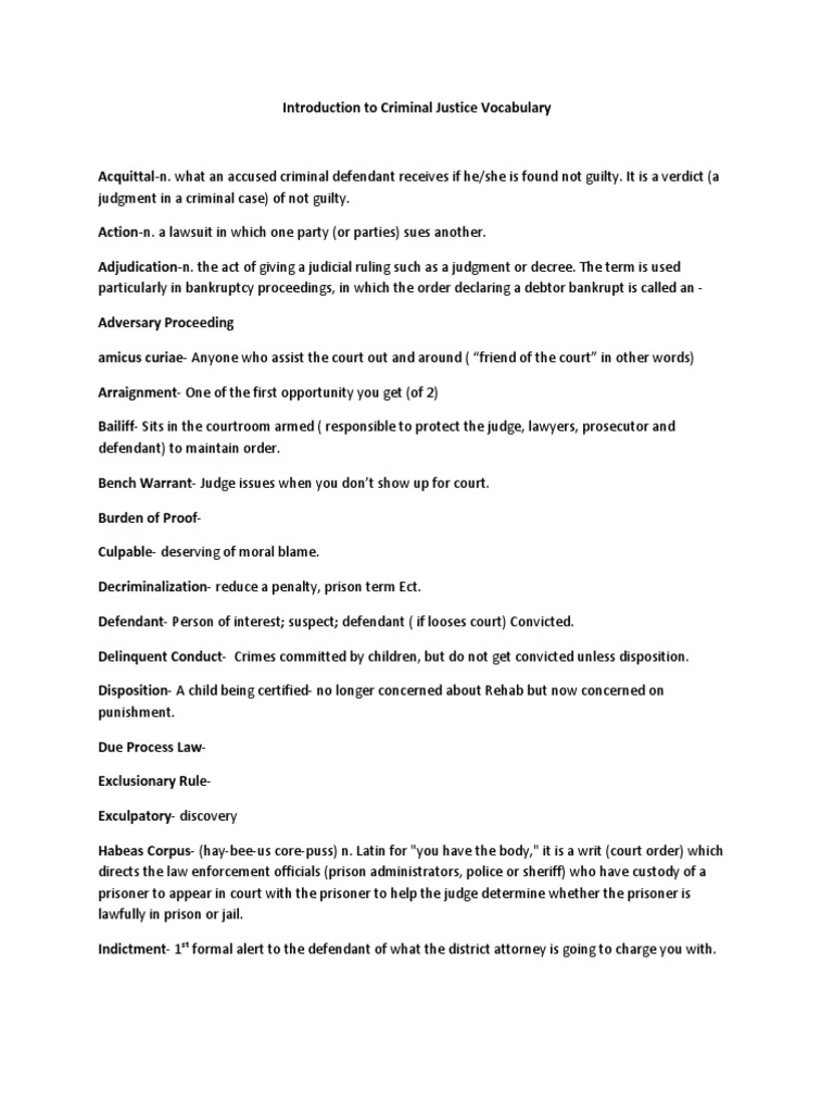 Criminal Justice Vocabulary Guide | PDF | Defendant | Prison