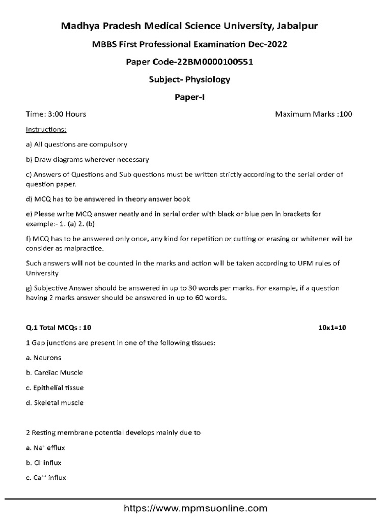 Mbbs 1 Year Physiology p1 100551 Dec 2022 | PDF