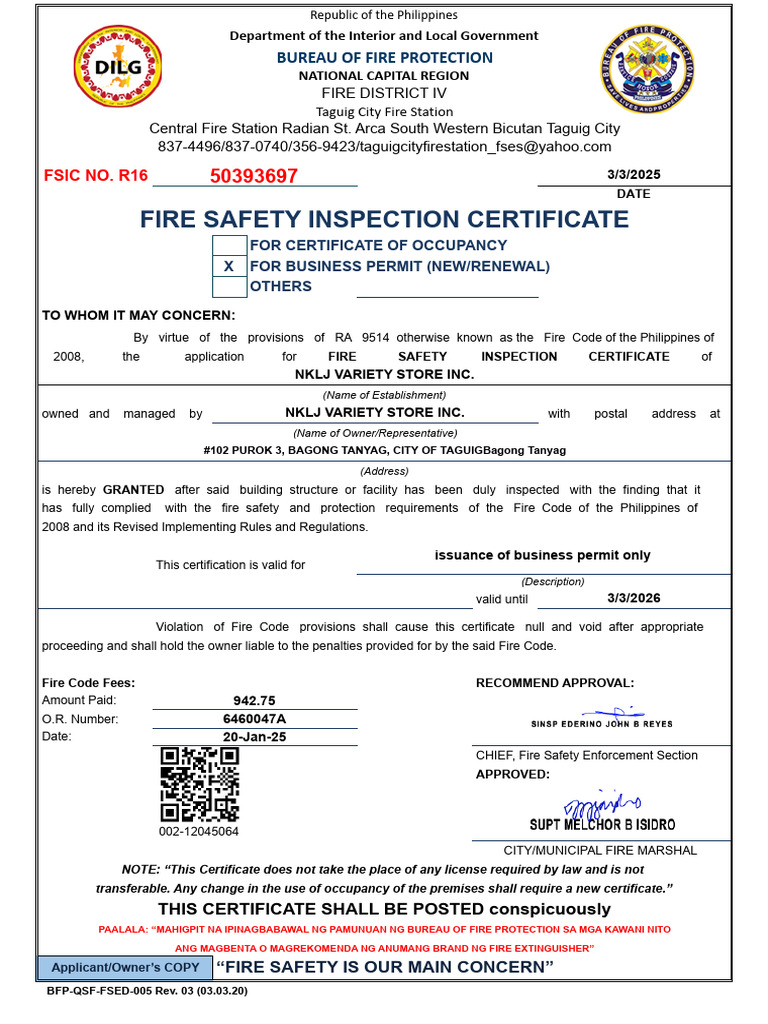 Fire Safety Inspection Certificate Taguig | PDF | Fire Safety | Justice