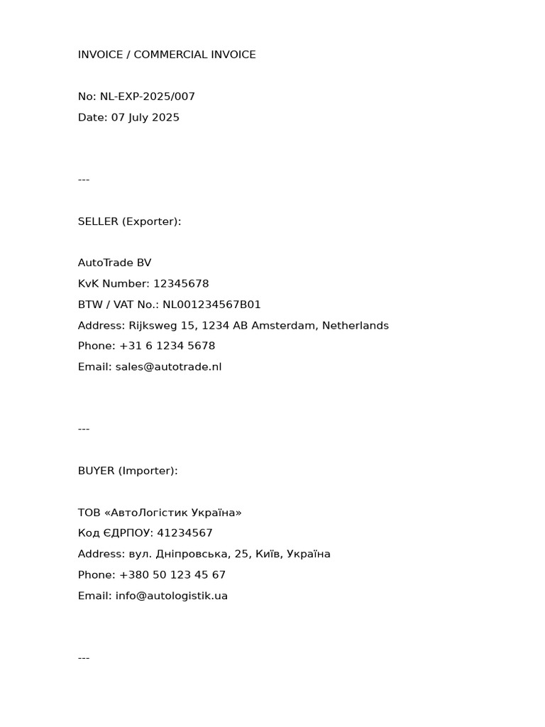Commercial Invoice for Volkswagen Export | PDF