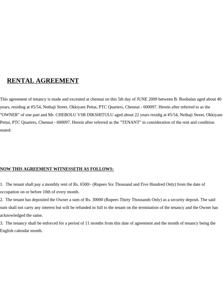 Rental Agreement for PTC Quarters, Chennai | PDF