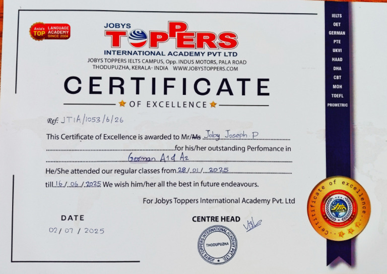 Joby Joseph .P Certificate | PDF